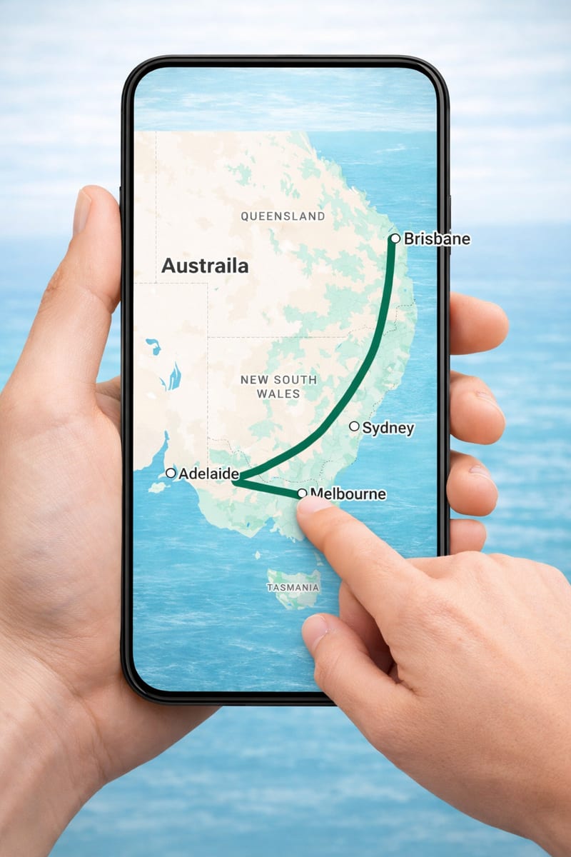 Person holding a phone showing the VanGolf trip planner map